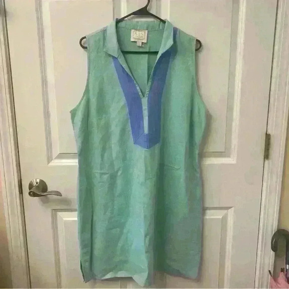 Sail To Sable Linen Tunic Dress Classic in Aqua size XL - Picture 2 of 11